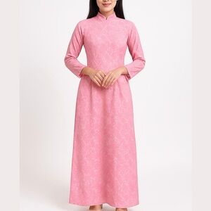 Pink White Intricate Graphic Ao Dai Set of 2 Top And Pants